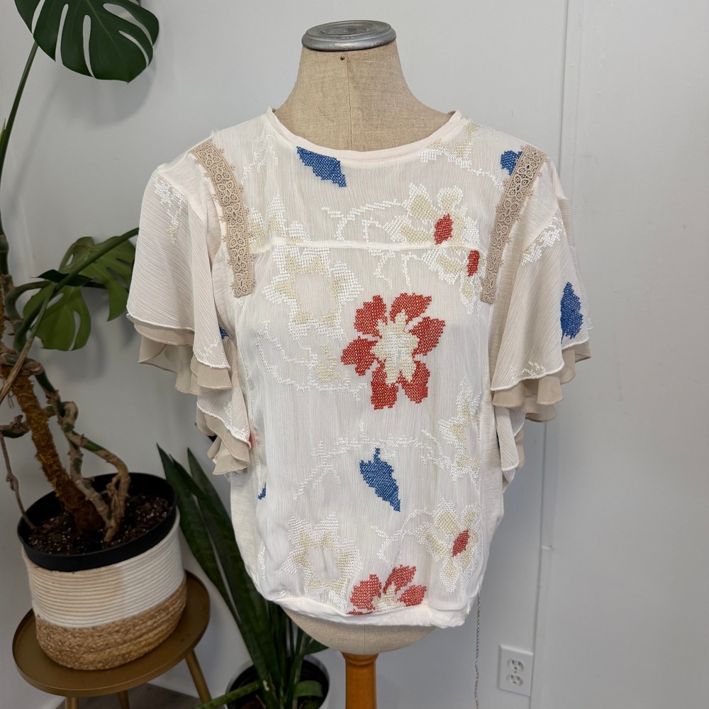 Tiny Embroidered Flutter Sleeve Blouse Womens Small Cream Boho Floral Drawstring